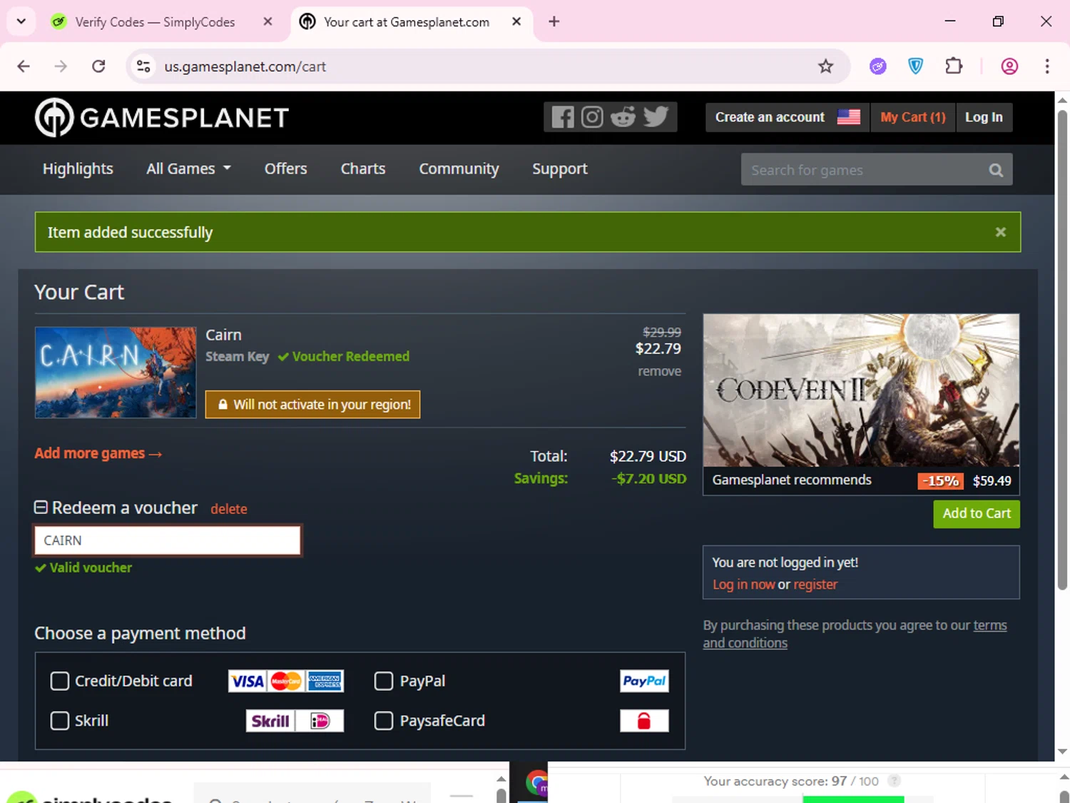 Gamesplanet promo code screenshot showing code CAIRN applied at Gamesplanet checkout page. Uploaded by SimplyCodes community member QuestCurator1644 on Feb 7, 2026