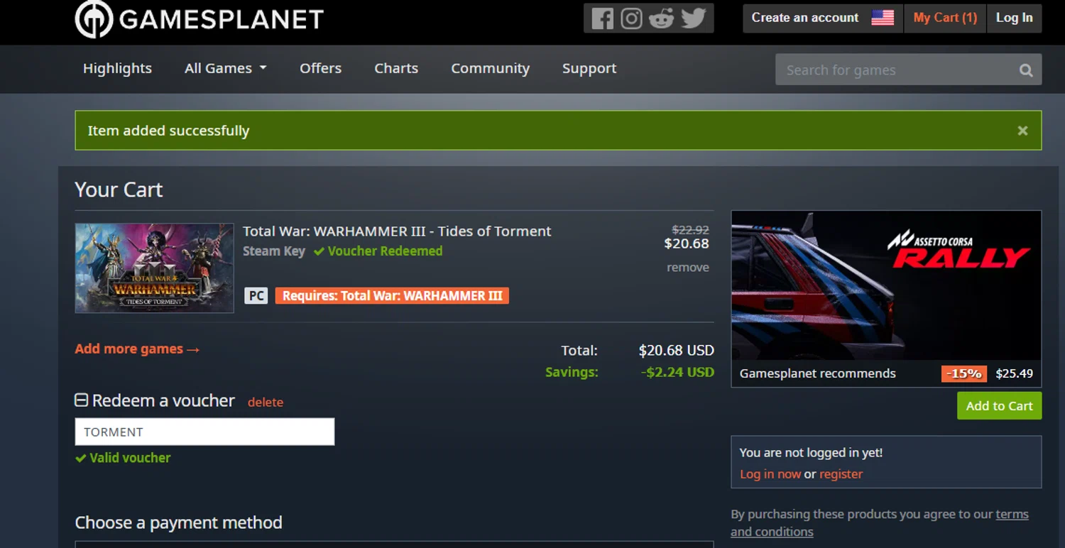 Gamesplanet promo code screenshot showing code TORMENT applied at Gamesplanet checkout page. Uploaded by SimplyCodes community member jesspea on Dec 5, 2025