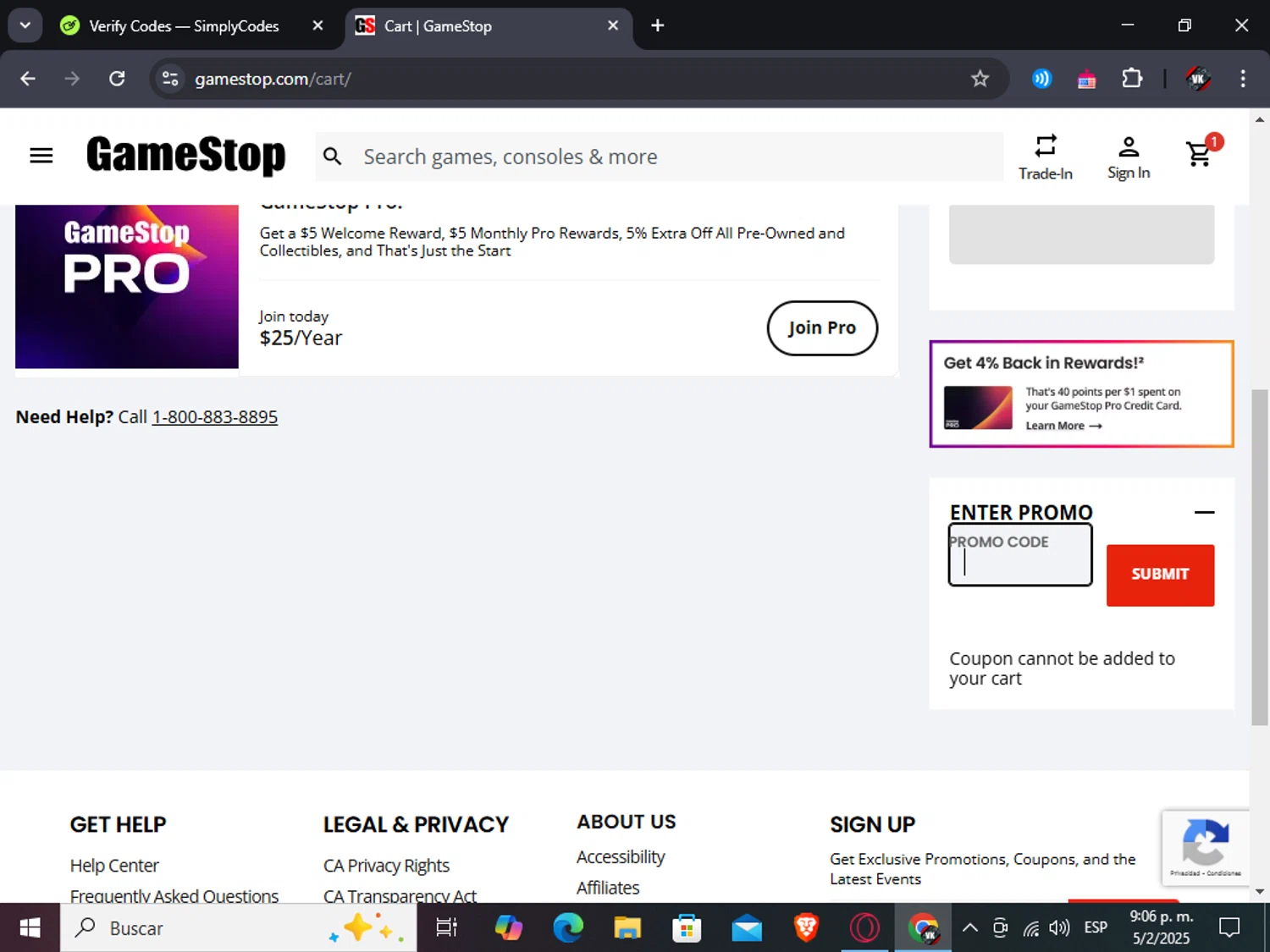 GameStop promo code screenshot showing code UDEAFFLEAD620 applied at GameStop checkout page. Uploaded by SimplyCodes community member TreasureAdmiral6867 on Feb 6, 2025