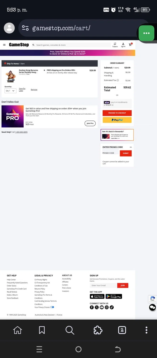 GameStop promo code screenshot showing code ECOM applied at GameStop checkout page. Uploaded by SimplyCodes community member Jannyisea on Jul 13, 2025