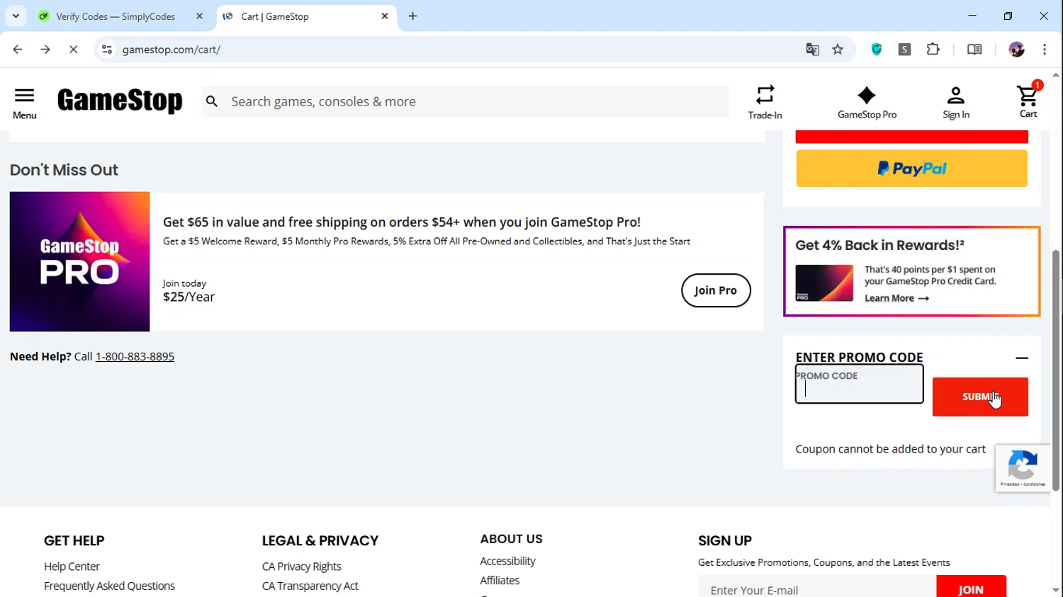 GameStop promo code screenshot showing code ECOM applied at GameStop checkout page. Uploaded by SimplyCodes community member LAMONEDAPERDIDA on Jul 13, 2025