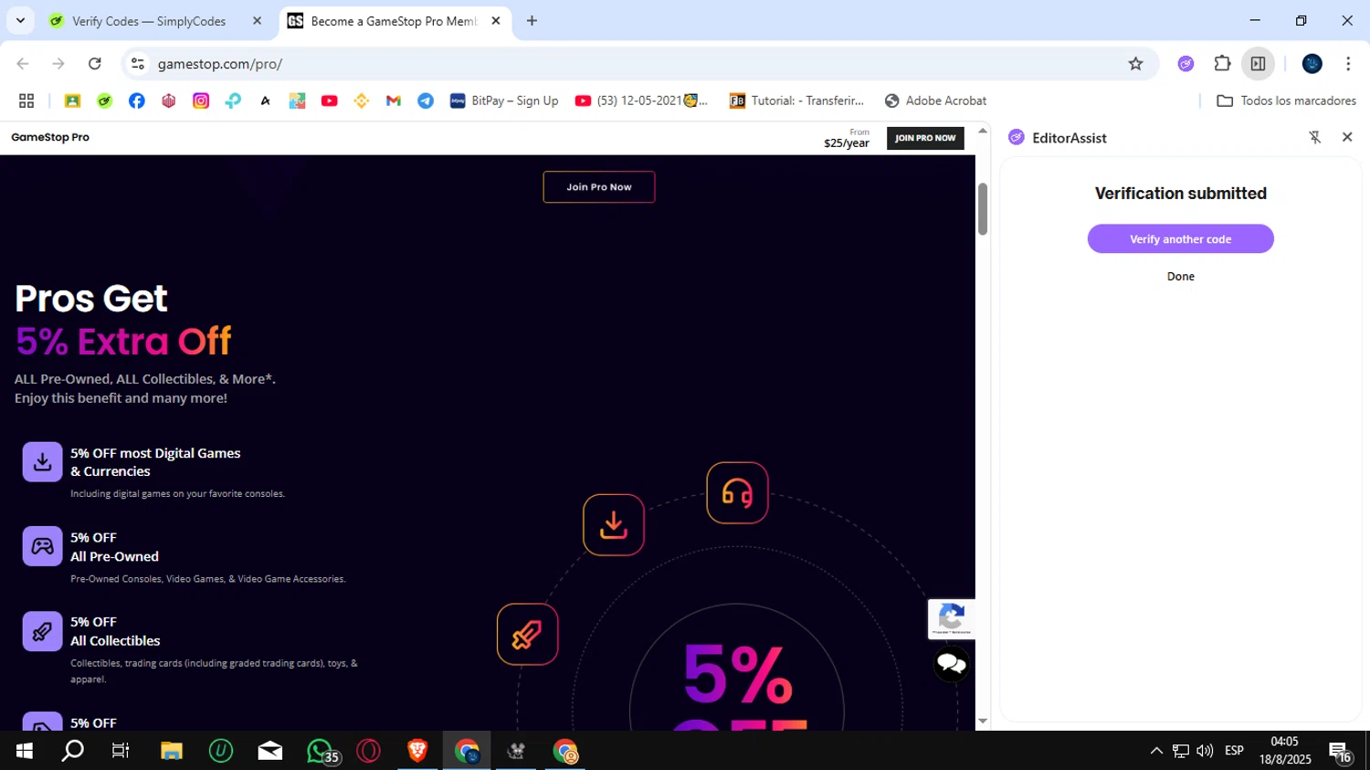 GameStop promo code screenshot showing code FIVEOFFPRO applied at GameStop checkout page. Uploaded by SimplyCodes community member SunJinWoo on Aug 18, 2025