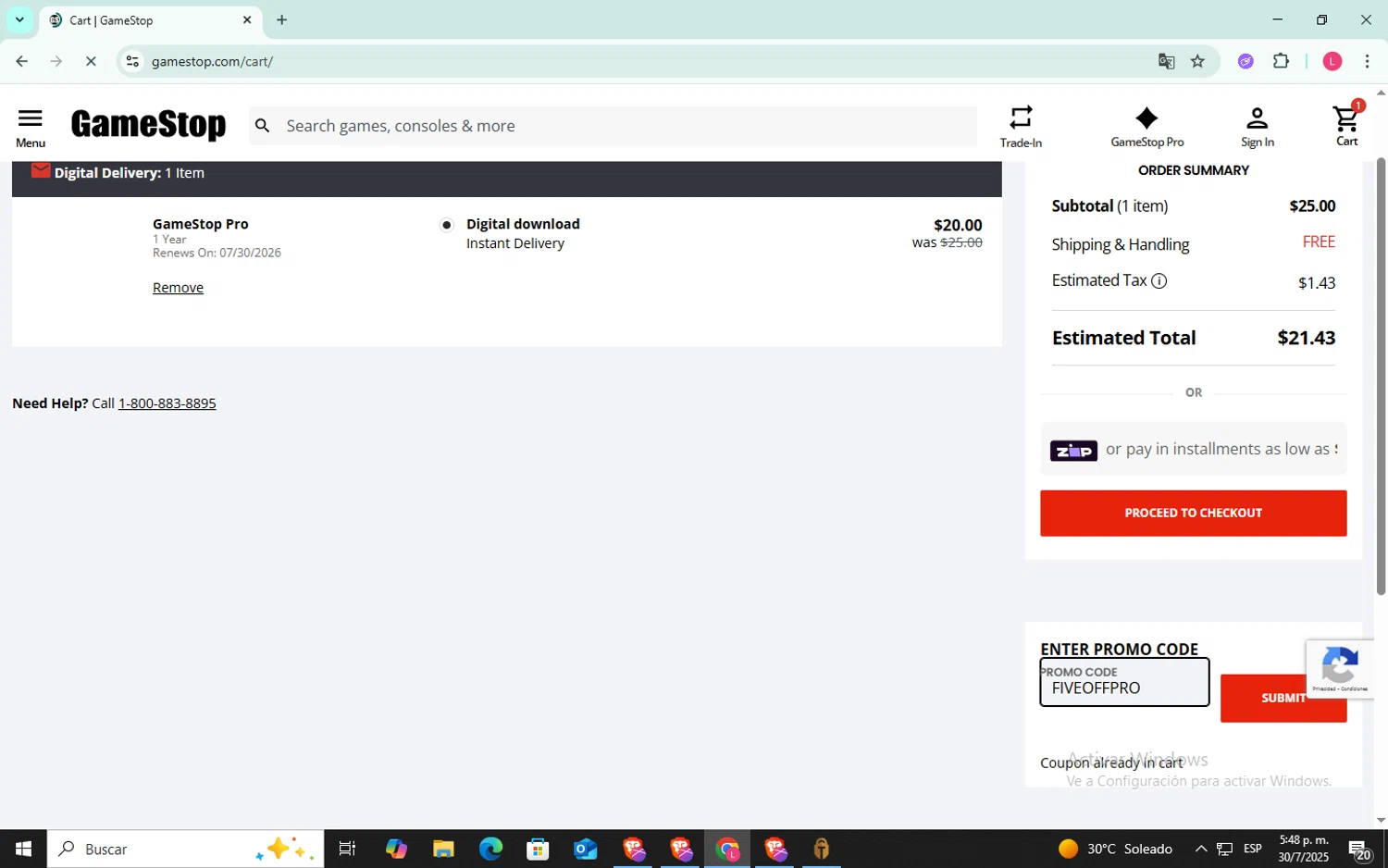 GameStop promo code screenshot showing code FIVEOFFPRO applied at GameStop checkout page. Uploaded by SimplyCodes community member VoucherSpotter6910 on Jul 30, 2025