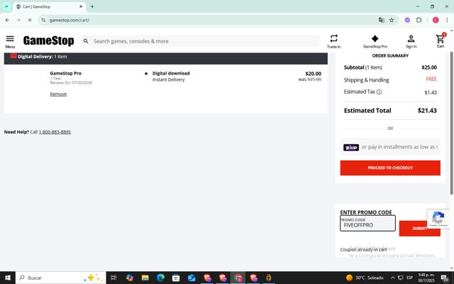 GameStop checkout page showing GameStop promo code box | Screenshot taken by SimplyCodes community member on Jul 30, 2025