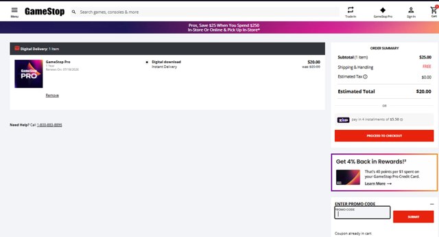 GameStop checkout page showing GameStop promo code box | Screenshot taken by SimplyCodes community member on Jul 18, 2025