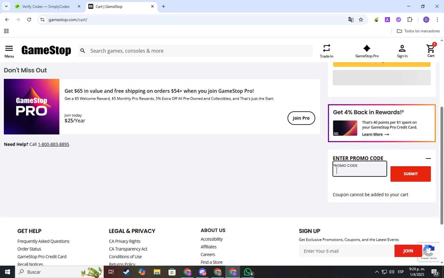 GameStop promo code screenshot showing code Save10 applied at GameStop checkout page. Uploaded by SimplyCodes community member SavingsSpotter2269 on Apr 2, 2025
