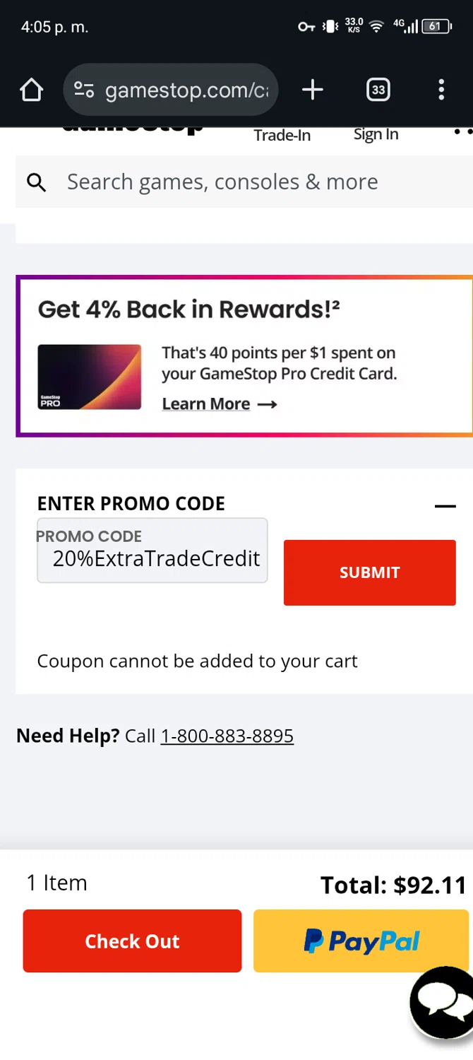 GameStop promo code screenshot showing code 20%ExtraTradeCredit applied at GameStop checkout page. Uploaded by SimplyCodes community member Bernado on Jul 23, 2025
