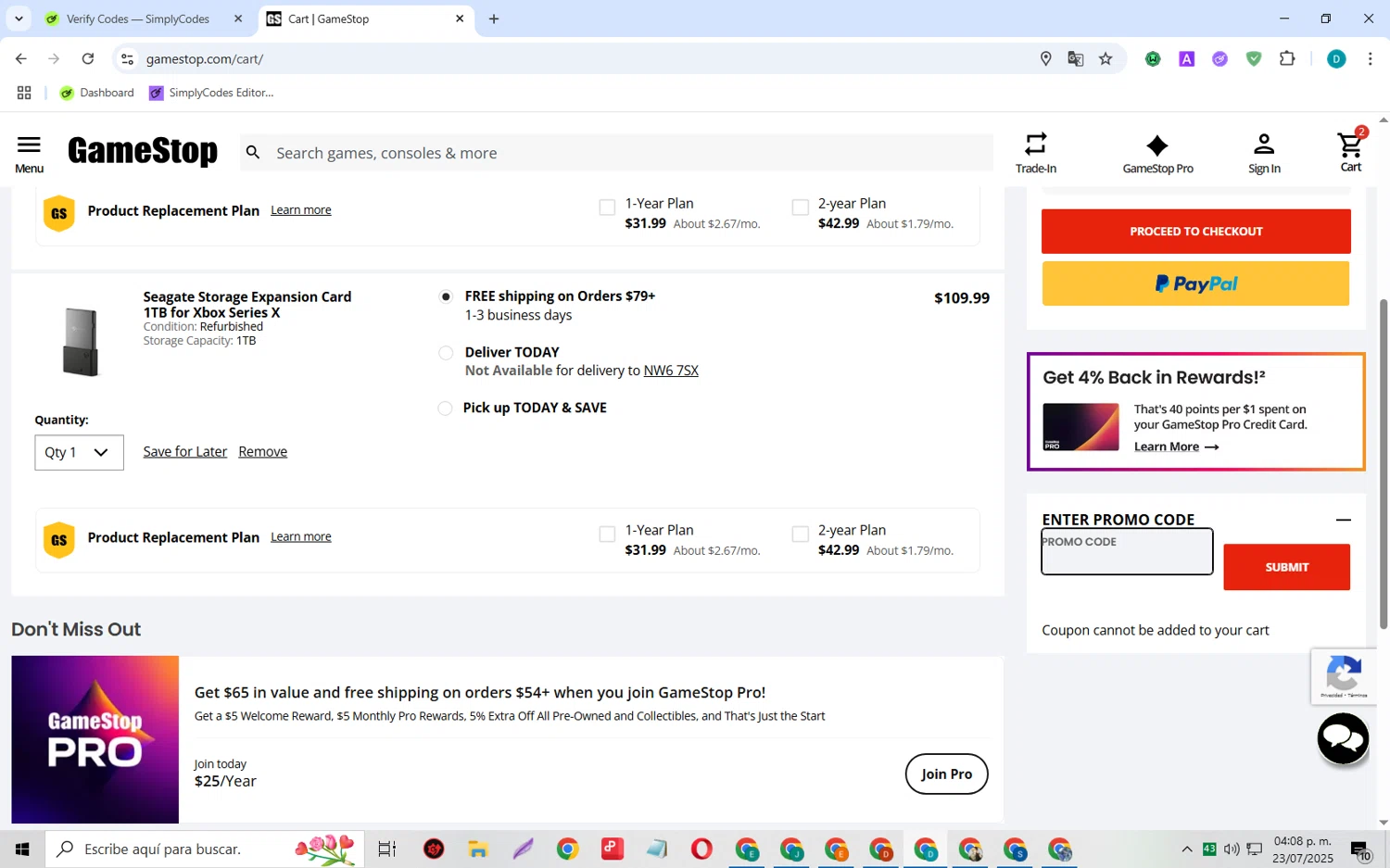 GameStop promo code screenshot showing code 20%ExtraTradeCredit applied at GameStop checkout page. Uploaded by SimplyCodes community member MagnificentCollector5368 on Jul 23, 2025