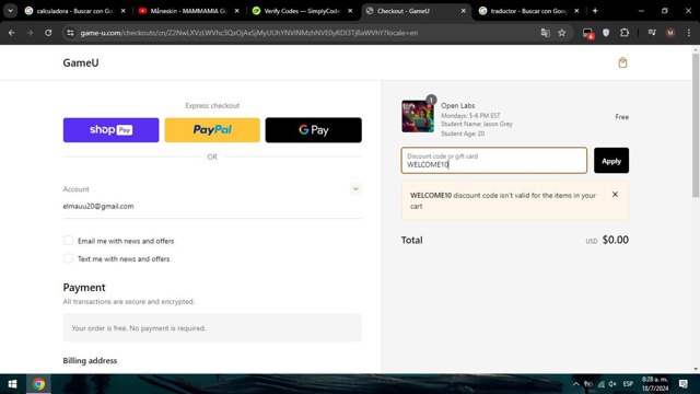 GameU checkout page showing GameU promo code box | Screenshot taken by SimplyCodes community member on Jul 18, 2024