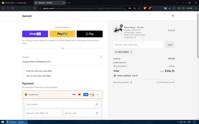 GameU checkout page showing GameU promo code box | Screenshot taken by SimplyCodes community member on Apr 22, 2024