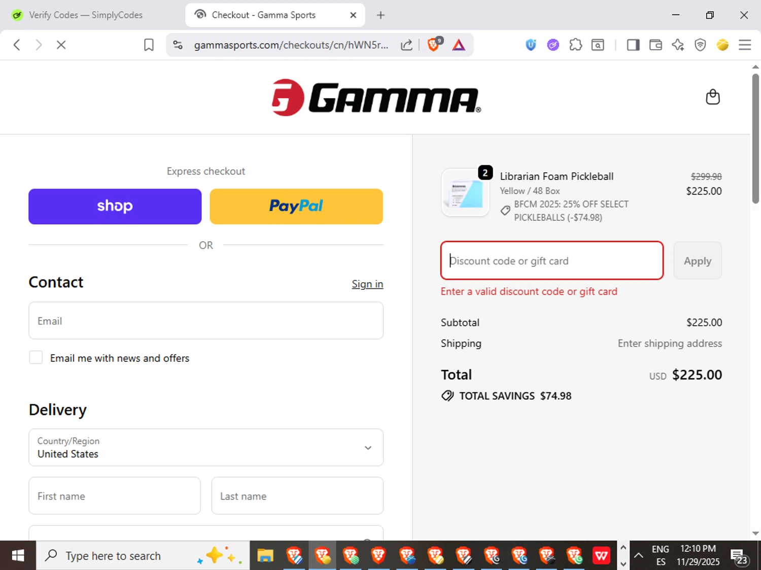 Gamma Sports promo code screenshot showing code Welcome10 applied at Gamma Sports checkout page. Uploaded by SimplyCodes community member QuestWarden1268 on Nov 29, 2025