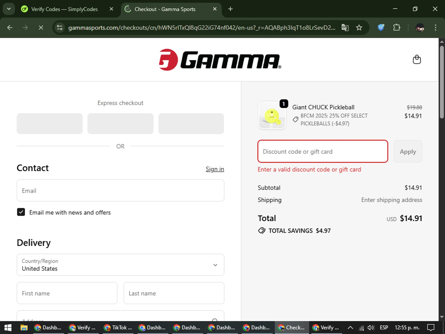 Gamma Sports promo code screenshot showing code Welcome10 applied at Gamma Sports checkout page. Uploaded by SimplyCodes community member WonderCurator791 on Nov 29, 2025