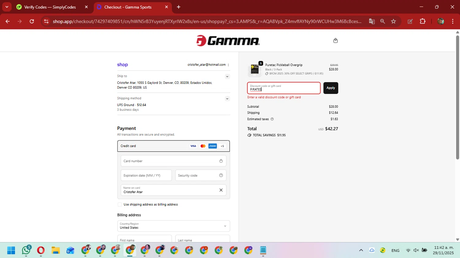 Gamma Sports promo code screenshot showing code PIRATES applied at Gamma Sports checkout page. Uploaded by SimplyCodes community member David_Gut_Sonic on Nov 29, 2025