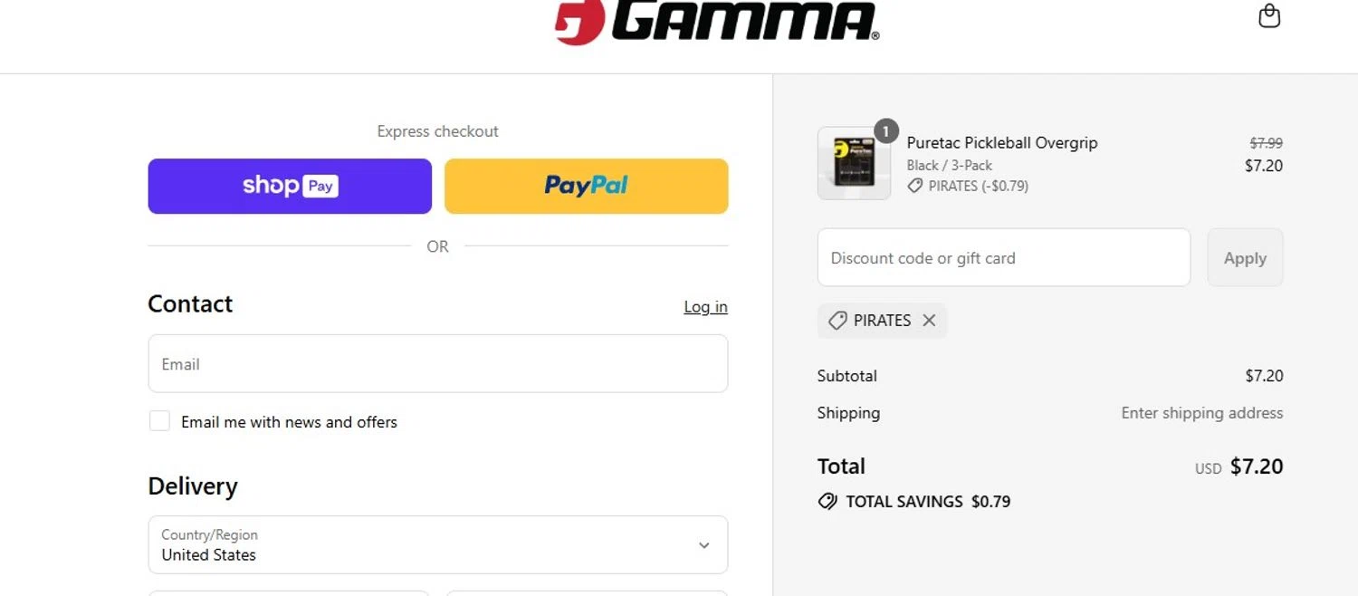 Gamma Sports promo code screenshot showing code PIRATES applied at Gamma Sports checkout page. Uploaded by SimplyCodes community member Quemiras on Jul 23, 2025
