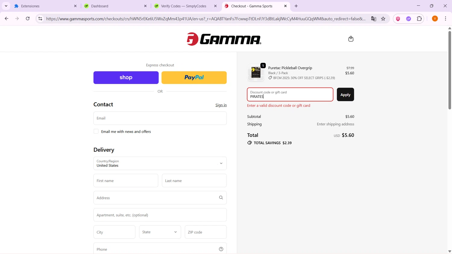 Gamma Sports promo code screenshot showing code PIRATES applied at Gamma Sports checkout page. Uploaded by SimplyCodes community member VoucherShopper4674 on Nov 29, 2025