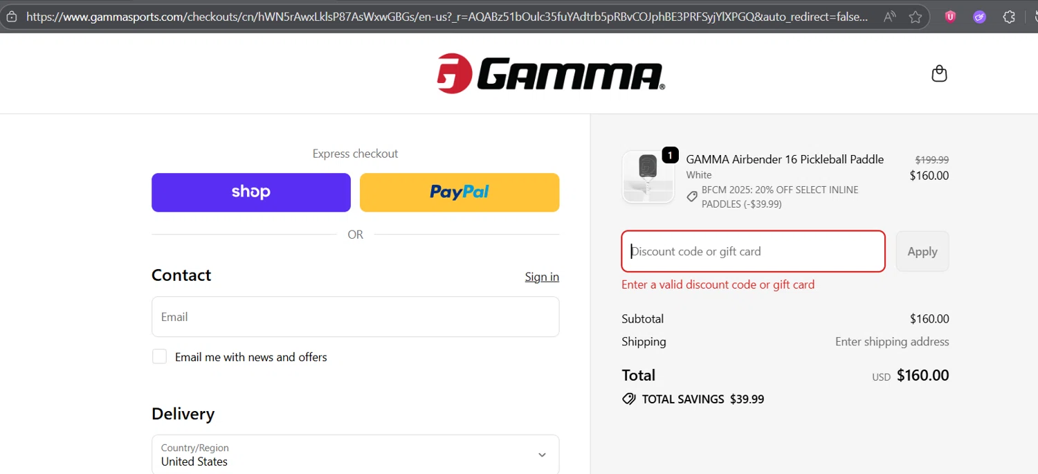 Gamma Sports promo code screenshot showing code JILLYB25 applied at Gamma Sports checkout page. Uploaded by SimplyCodes community member BorgeZzz on Nov 29, 2025