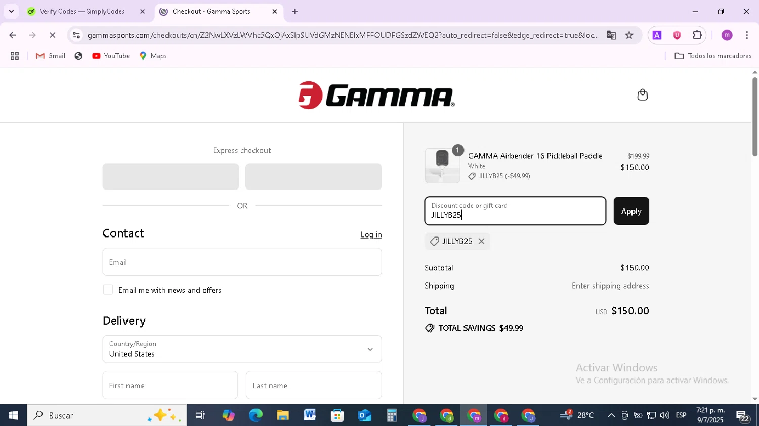 Gamma Sports promo code screenshot showing code JILLYB25 applied at Gamma Sports checkout page. Uploaded by SimplyCodes community member BudgetMonarch8952 on Jul 9, 2025