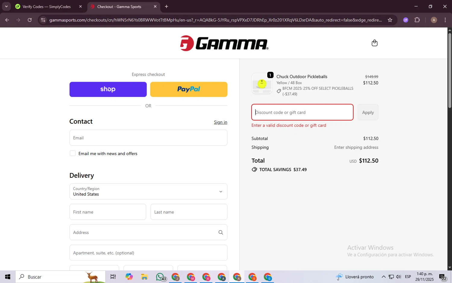 Gamma Sports promo code screenshot showing code TYSON20 applied at Gamma Sports checkout page. Uploaded by SimplyCodes community member BargainGenius8397 on Nov 29, 2025