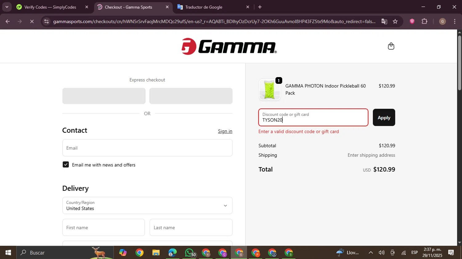 Gamma Sports promo code screenshot showing code TYSON20 applied at Gamma Sports checkout page. Uploaded by SimplyCodes community member BrilliantTracker4207 on Nov 29, 2025