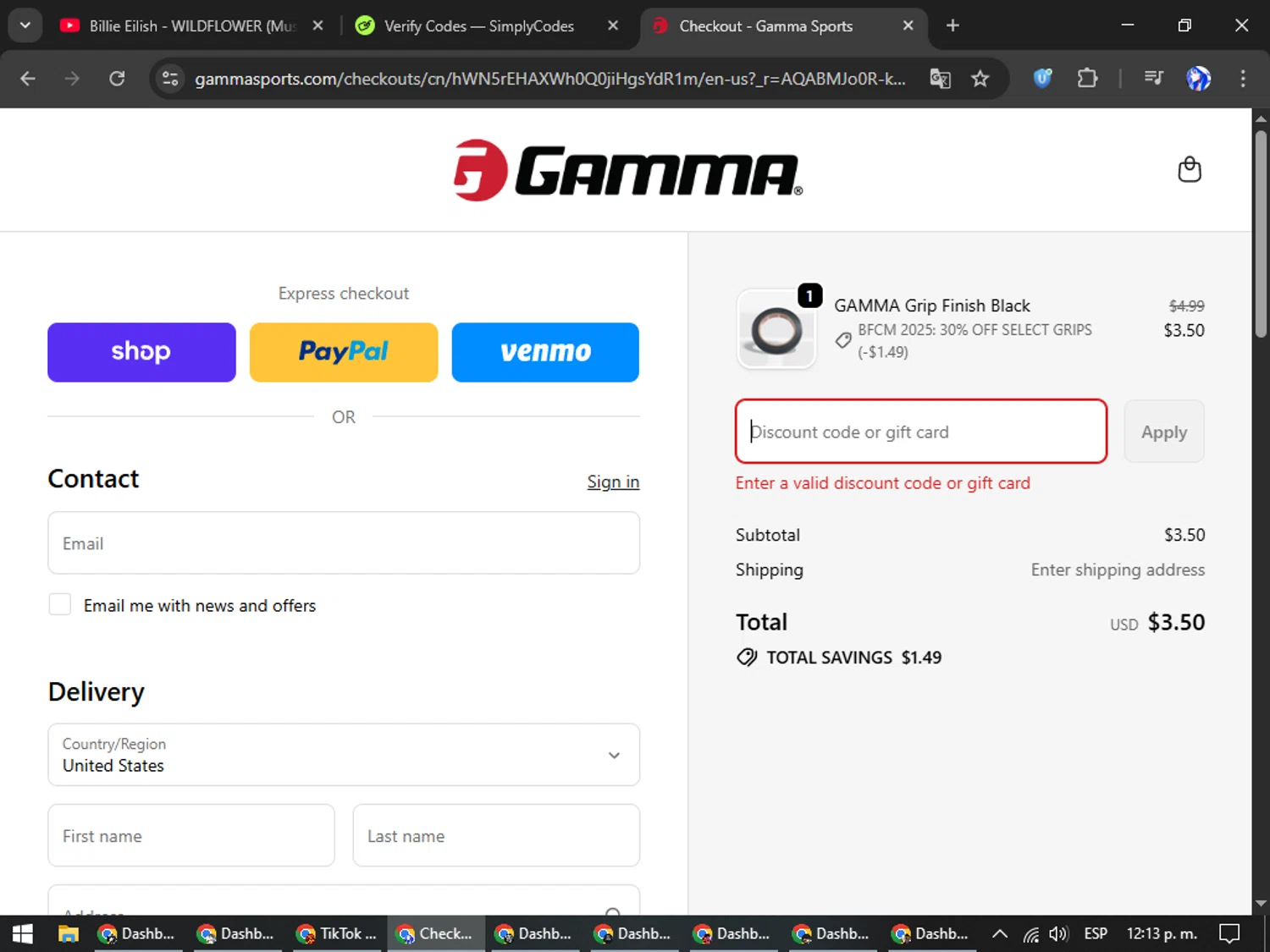Gamma Sports promo code screenshot showing code TYSON20 applied at Gamma Sports checkout page. Uploaded by SimplyCodes community member WiseHunter8213 on Nov 29, 2025