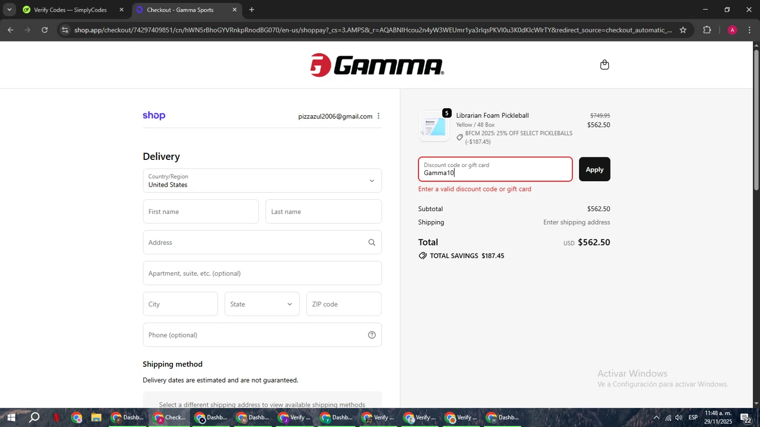 Gamma Sports promo code screenshot showing code Gamma10 applied at Gamma Sports checkout page. Uploaded by SimplyCodes community member BMWGS1200 on Nov 29, 2025