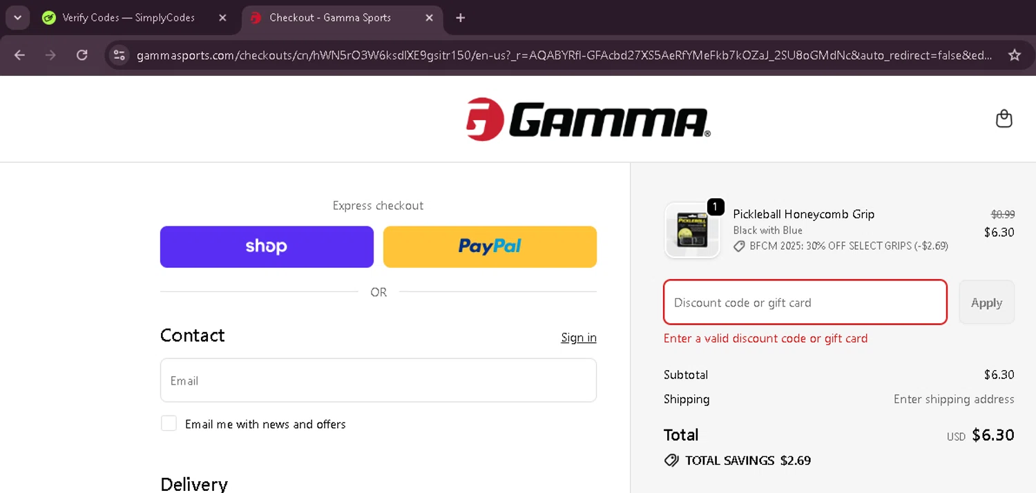 Gamma Sports promo code screenshot showing code Gamma10 applied at Gamma Sports checkout page. Uploaded by SimplyCodes community member EnmanuelEDITOR on Nov 29, 2025
