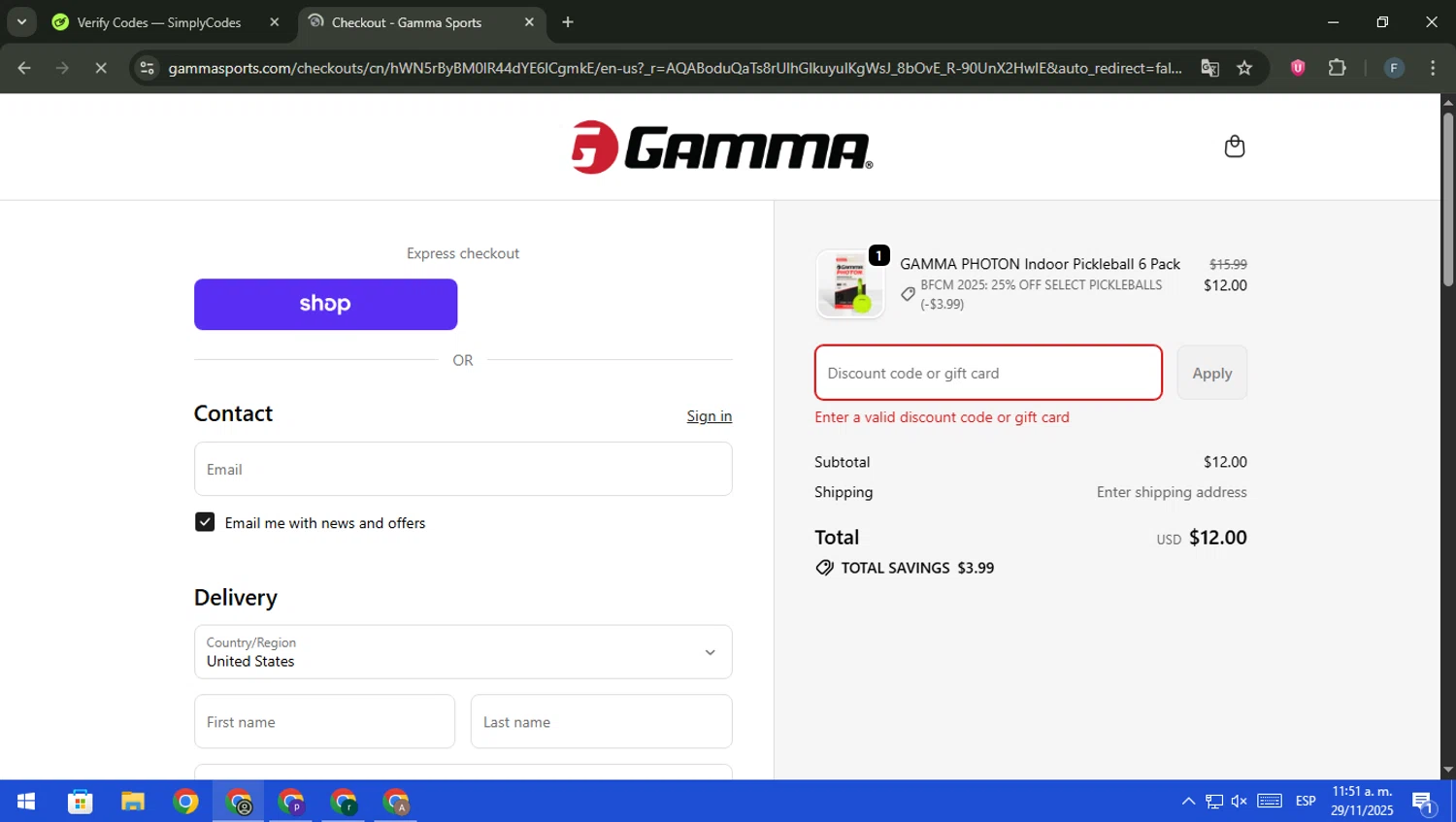 Gamma Sports promo code screenshot showing code Gamma10 applied at Gamma Sports checkout page. Uploaded by SimplyCodes community member pajarito on Nov 29, 2025