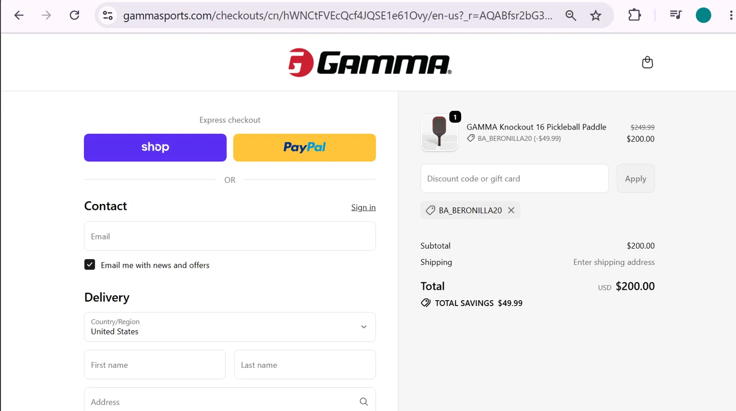 Gamma Sports promo code screenshot showing code ba_beronilla20 applied at Gamma Sports checkout page. Uploaded by SimplyCodes community member anosesmith on Jun 2, 2026