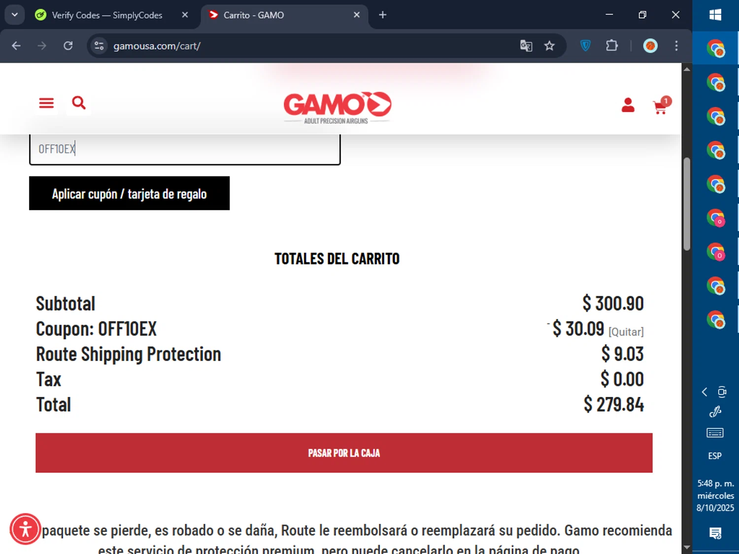 Gamo USA promo code screenshot showing code OFF10EX applied at Gamo USA checkout page. Uploaded by SimplyCodes community member GoldPilot5958 on Oct 8, 2025