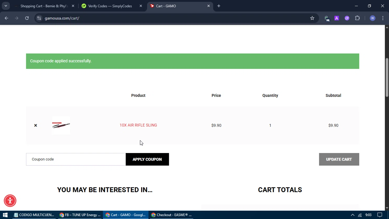 Gamo USA promo code screenshot showing code OFF10EX applied at Gamo USA checkout page. Uploaded by SimplyCodes community member WilmarDiax on Sep 9, 2025