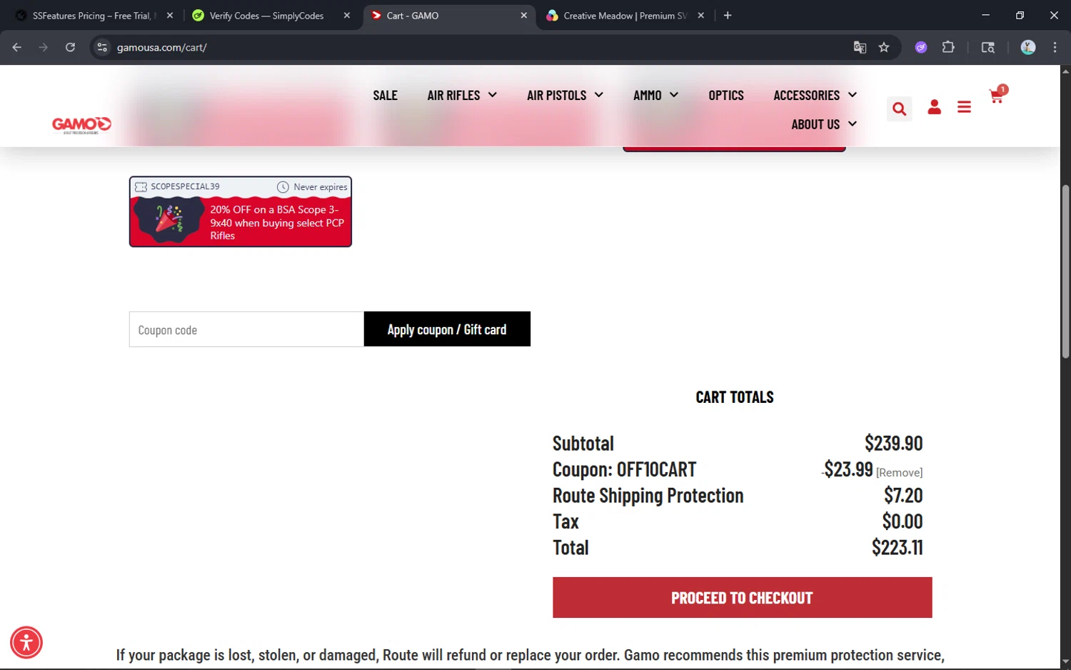 Gamo USA promo code screenshot showing code OFF10CART applied at Gamo USA checkout page. Uploaded by SimplyCodes community member ShrewdPilot3521 on Oct 8, 2025