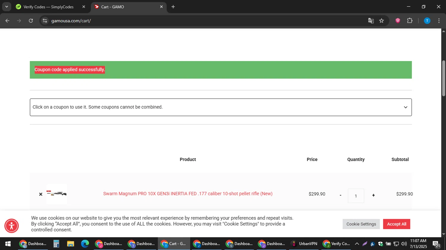 Gamo USA promo code screenshot showing code OFF10CART applied at Gamo USA checkout page. Uploaded by SimplyCodes community member hankt1521 on Jul 13, 2025