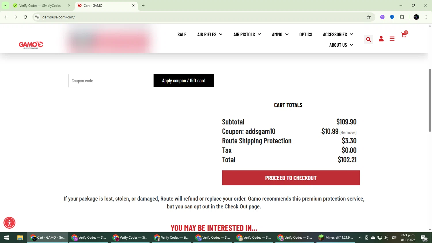Gamo USA promo code screenshot showing code addsgam10 applied at Gamo USA checkout page. Uploaded by SimplyCodes community member CarmenVGR on Oct 8, 2025