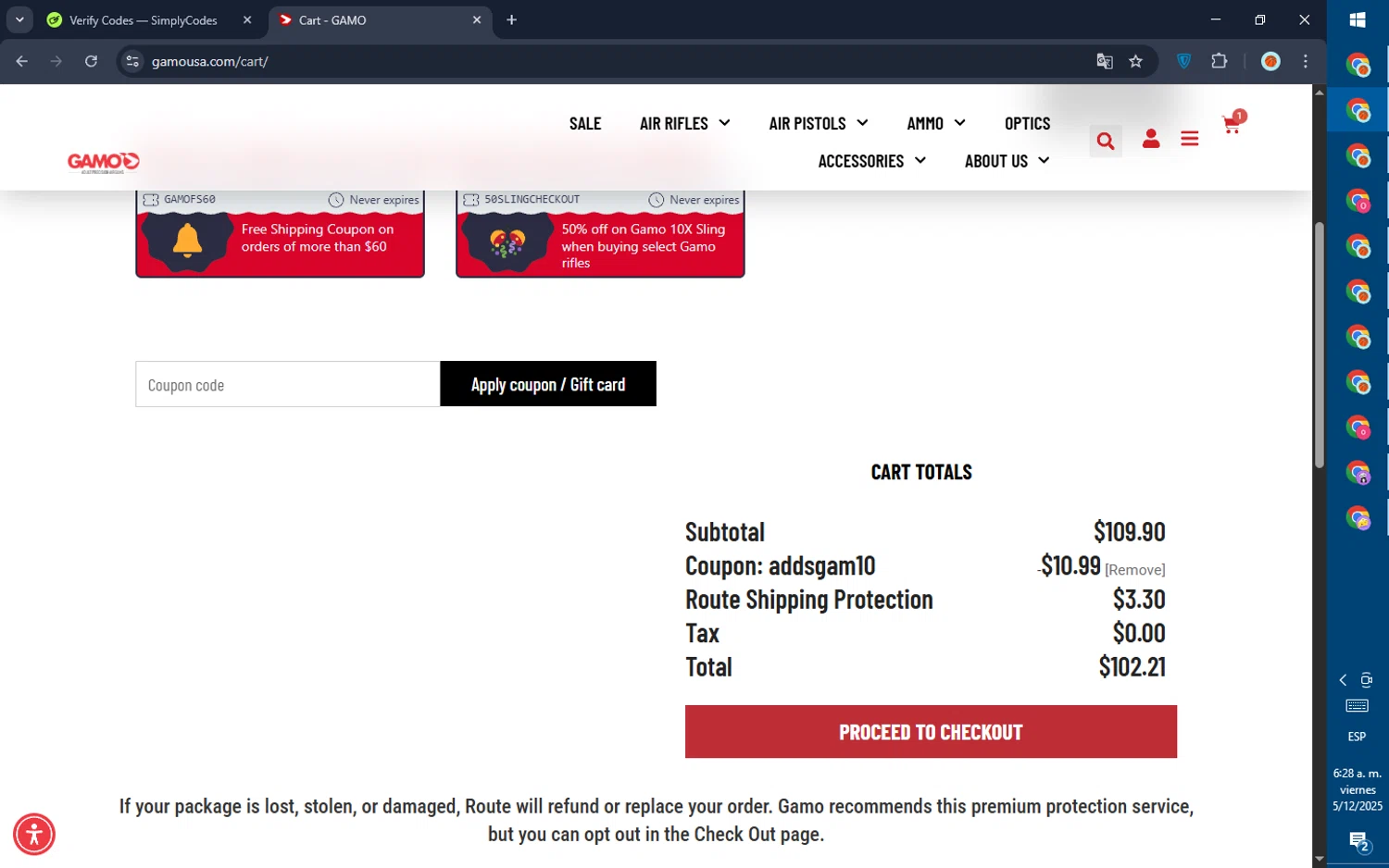 Gamo USA promo code screenshot showing code addsgam10 applied at Gamo USA checkout page. Uploaded by SimplyCodes community member GoldPilot5958 on Dec 5, 2025