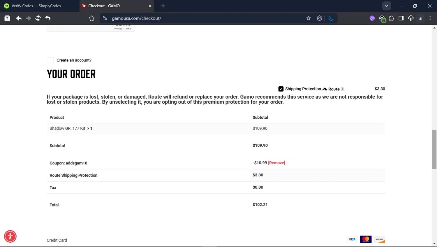 Gamo USA promo code screenshot showing code addsgam10 applied at Gamo USA checkout page. Uploaded by SimplyCodes community member LegendaryCollector6259 on Aug 11, 2025