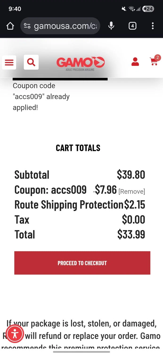 Gamo USA checkout page showing Gamo USA promo code box | Screenshot taken by SimplyCodes community member on Dec 15, 2025