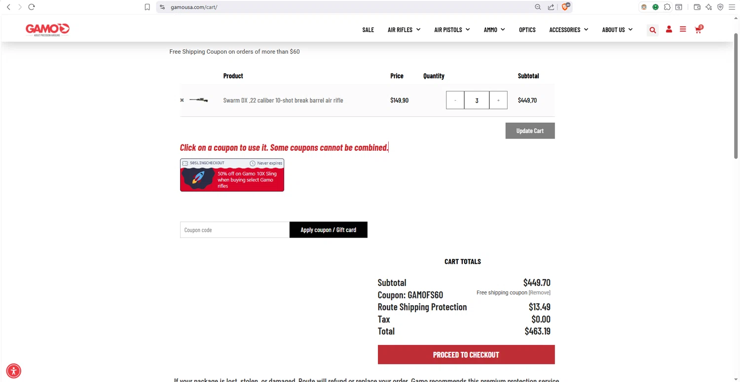 Gamo USA promo code screenshot showing code GAMOFS60 applied at Gamo USA checkout page. Uploaded by SimplyCodes community member dayselis15 on Dec 21, 2025