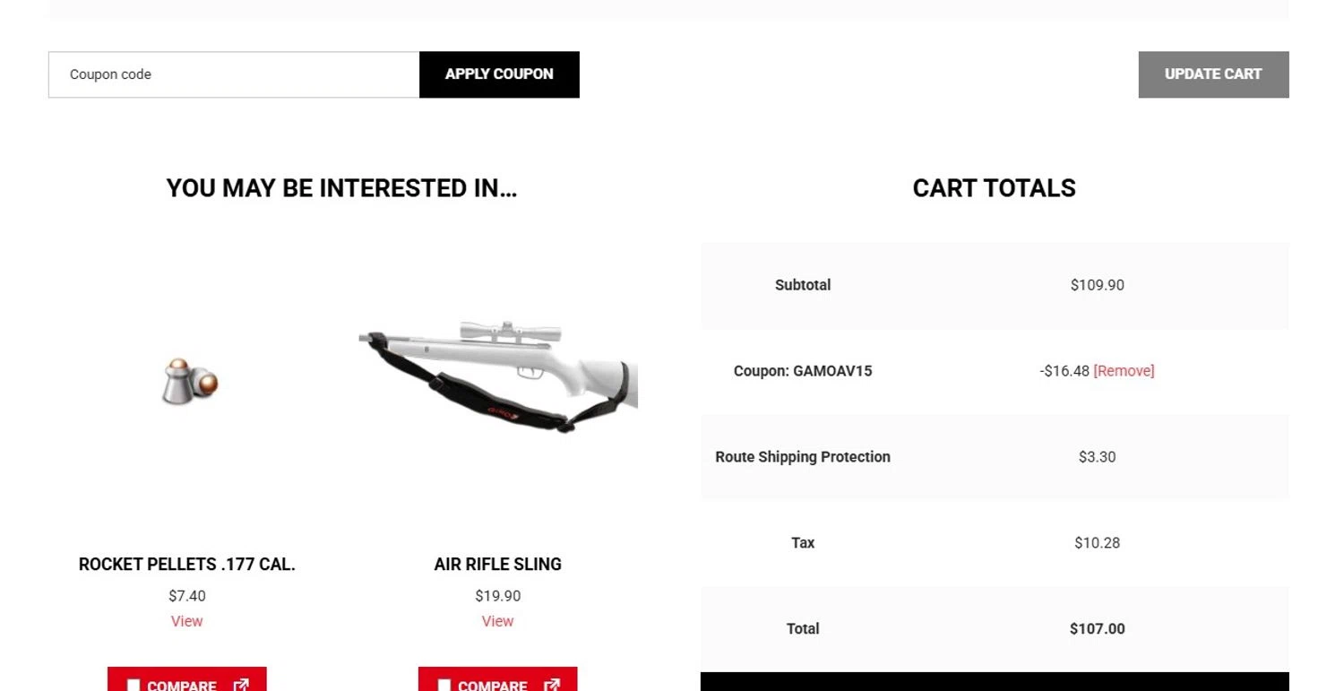 Gamo USA promo code screenshot showing code gamoav15 applied at Gamo USA checkout page. Uploaded by SimplyCodes community member Olorinnnnn on Aug 11, 2025