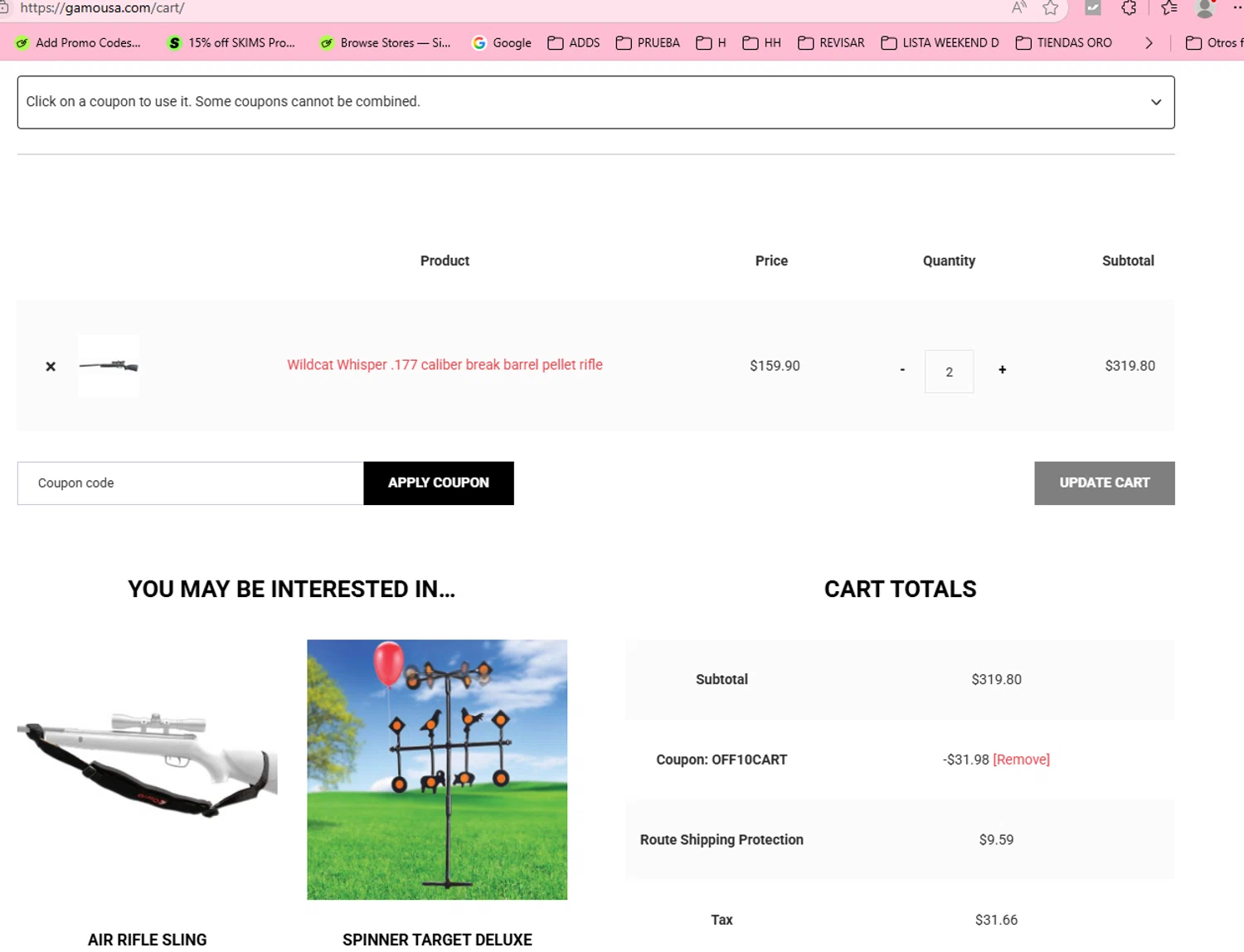 Gamo USA promo code screenshot showing code OFF10CART applied at Gamo USA checkout page. Uploaded by SimplyCodes community member aumentadax10 on Jul 13, 2025