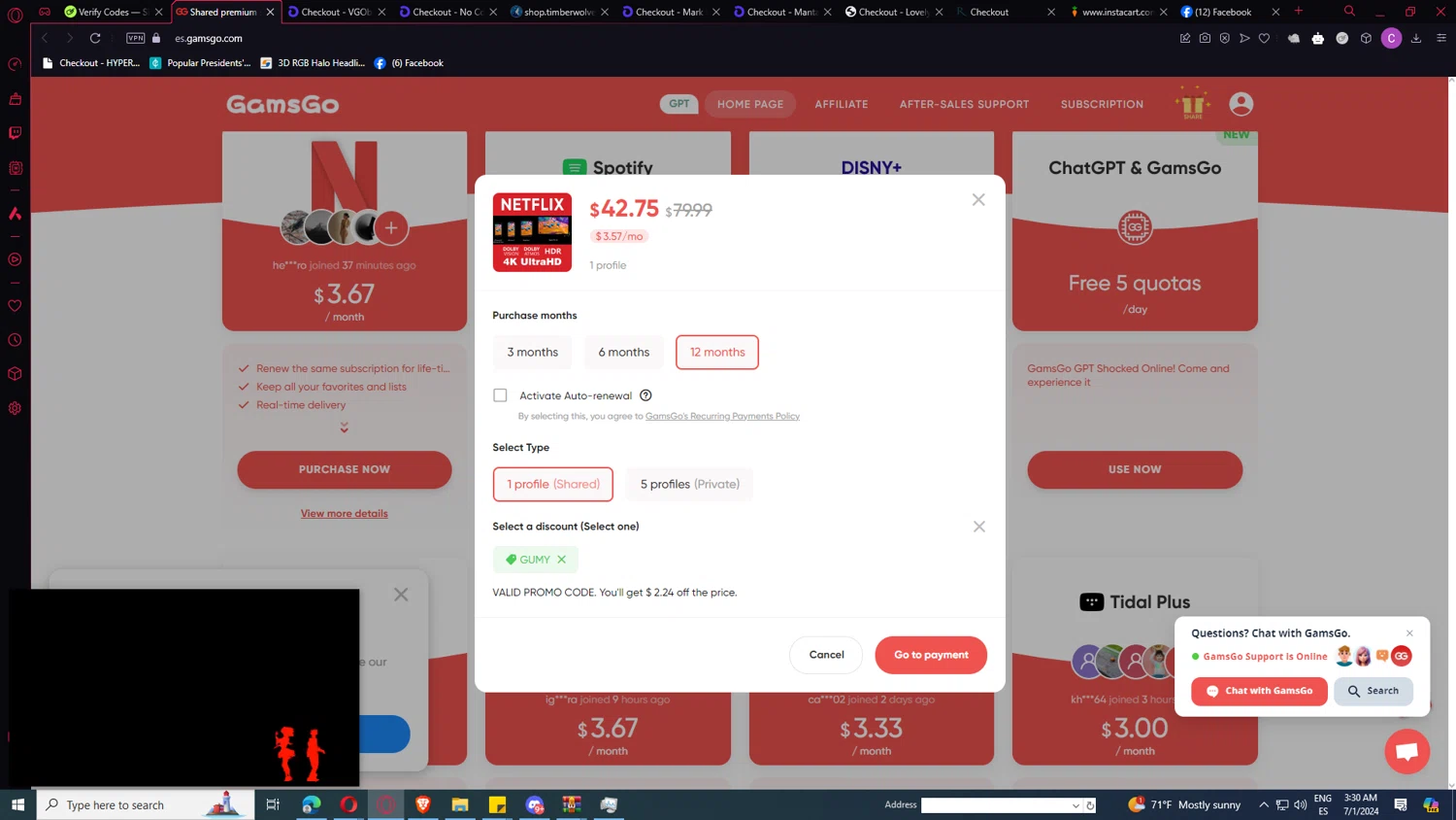 GamsGo checkout page showing GamsGo promo code box | Screenshot taken by SimplyCodes community member on Jul 1, 2024