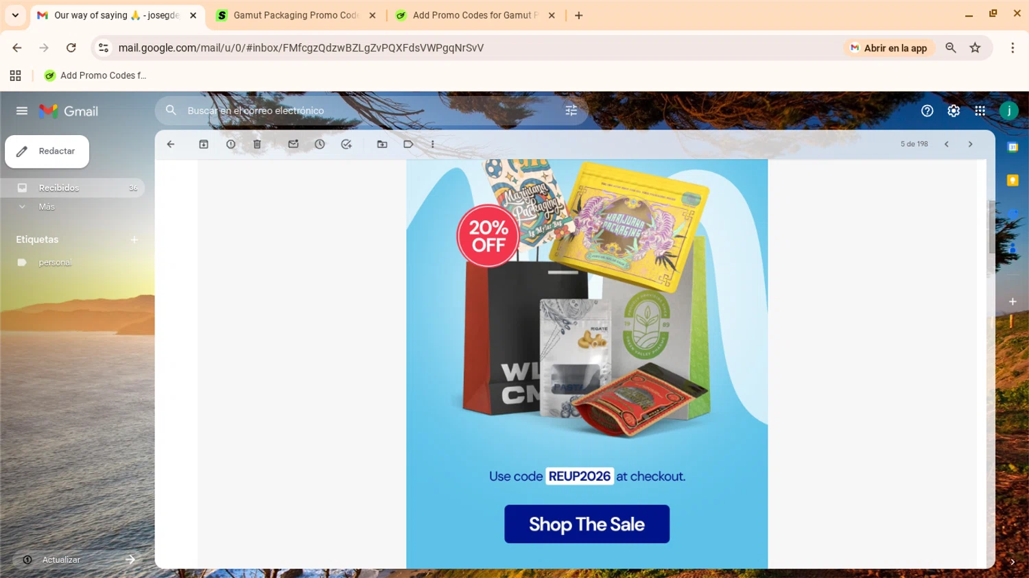 Gamut Packaging promo code screenshot showing code reup2026 applied at Gamut Packaging checkout page. Uploaded by SimplyCodes community member yennifergonzalez on Dec 26, 2025
