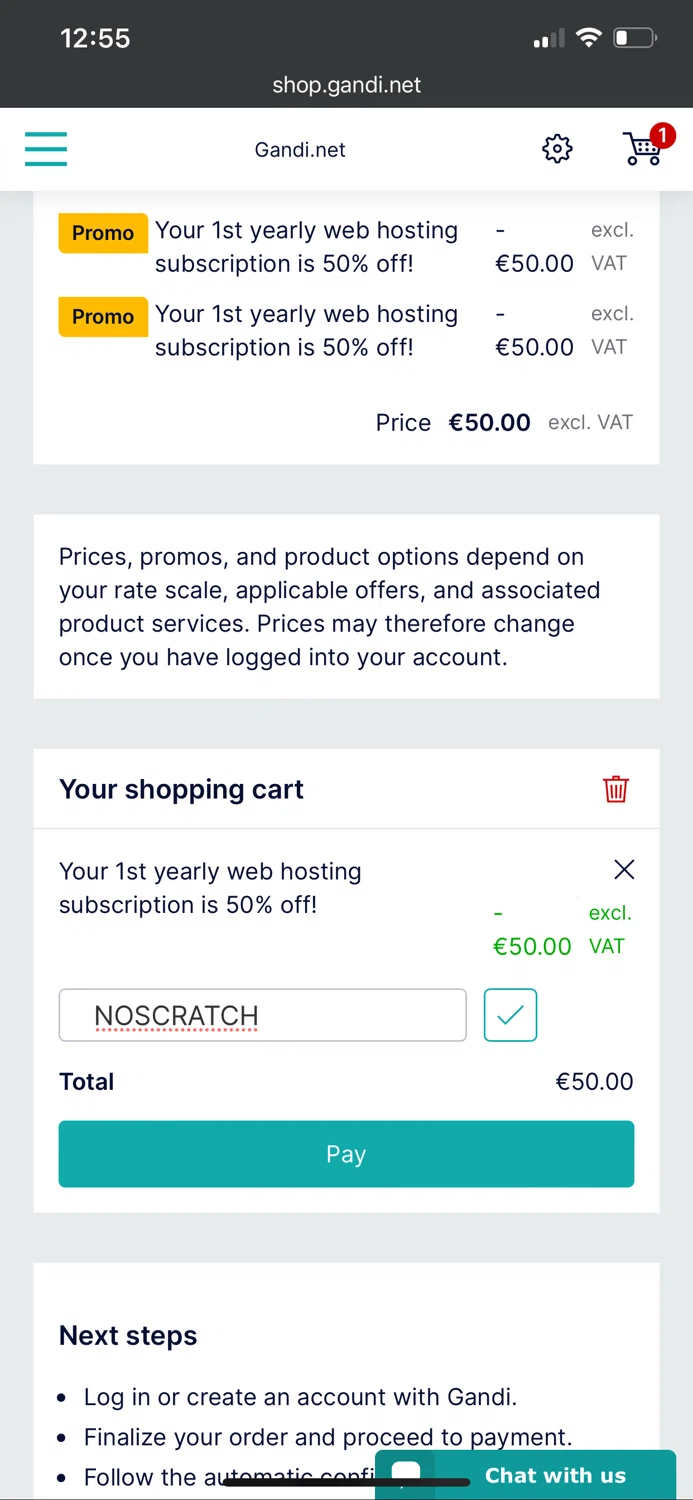 Gandi checkout page showing Gandi promo code box | Screenshot taken by SimplyCodes community member on Feb 21, 2024