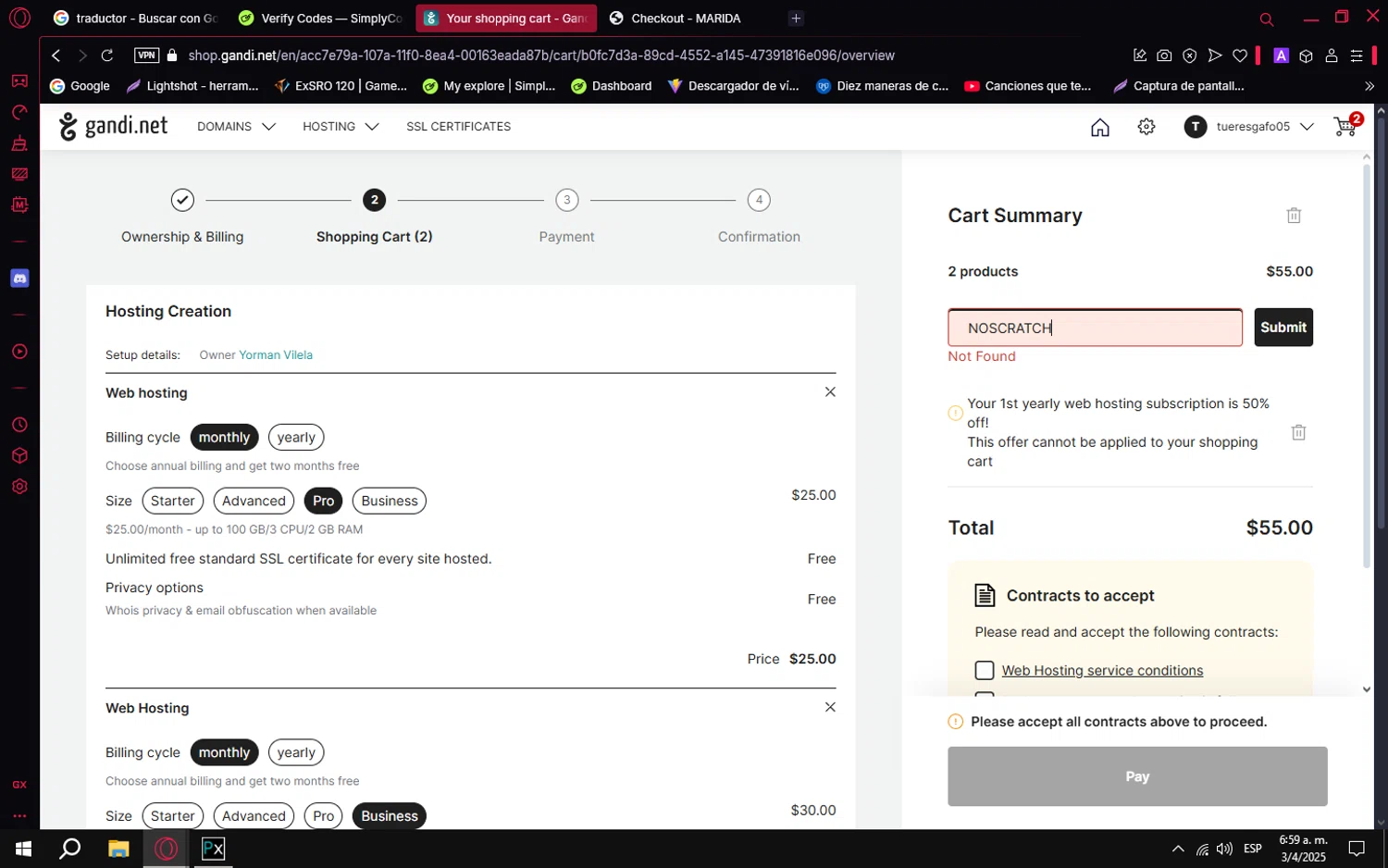 Gandi promo code screenshot showing code NOSCRATCH applied at Gandi checkout page. Uploaded by SimplyCodes community member PrimeVirtuoso9679 on Apr 3, 2025