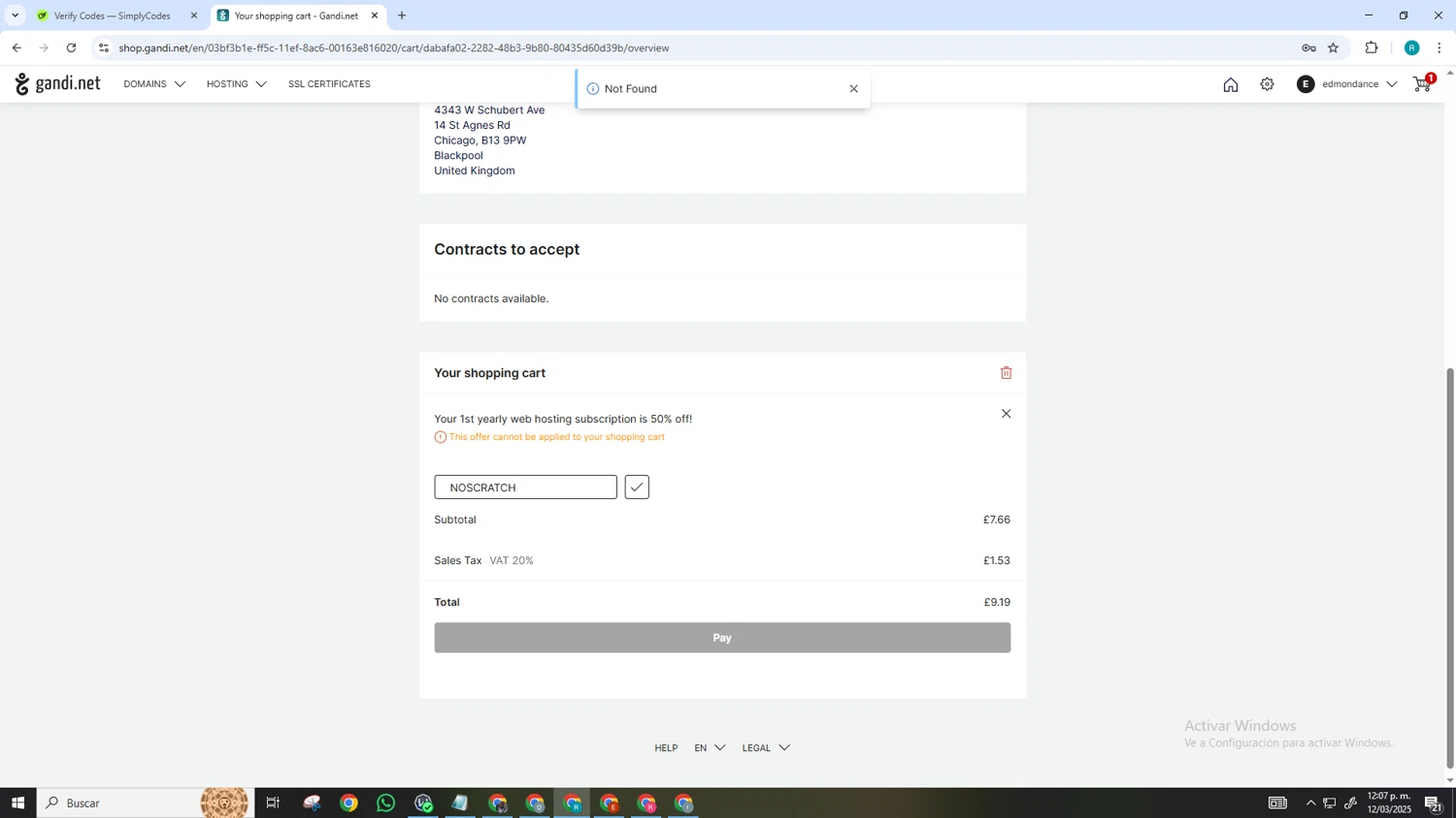 Gandi promo code screenshot showing code NOSCRATCH applied at Gandi checkout page. Uploaded by SimplyCodes community member SmartGenius3209 on Mar 12, 2025