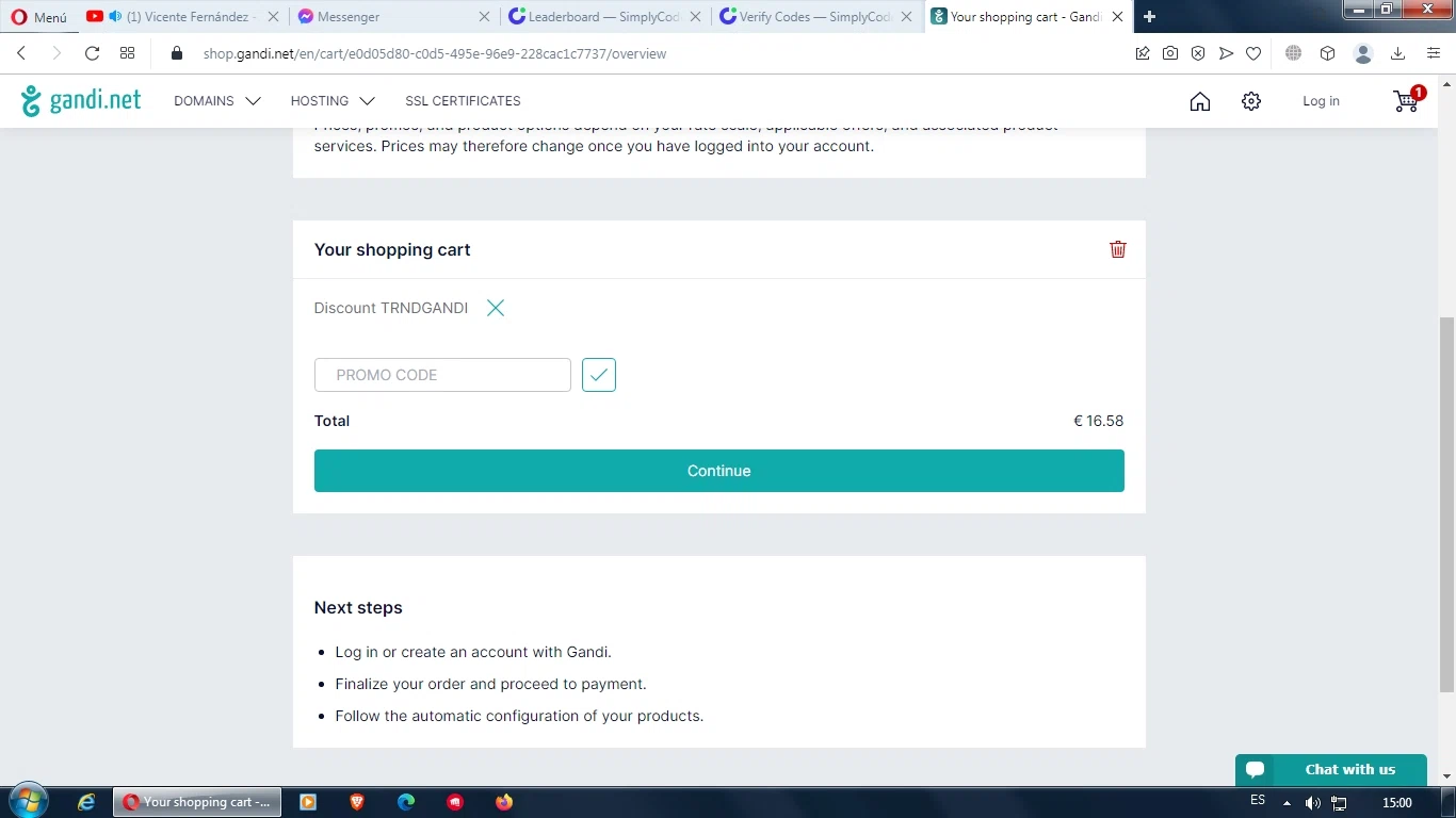 Gandi checkout page showing Gandi promo code box | Screenshot taken by SimplyCodes community member on Oct 15, 2022