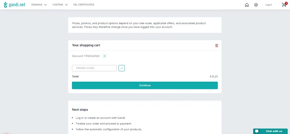 Gandi checkout page showing Gandi promo code box | Screenshot taken by SimplyCodes community member on Dec 9, 2022