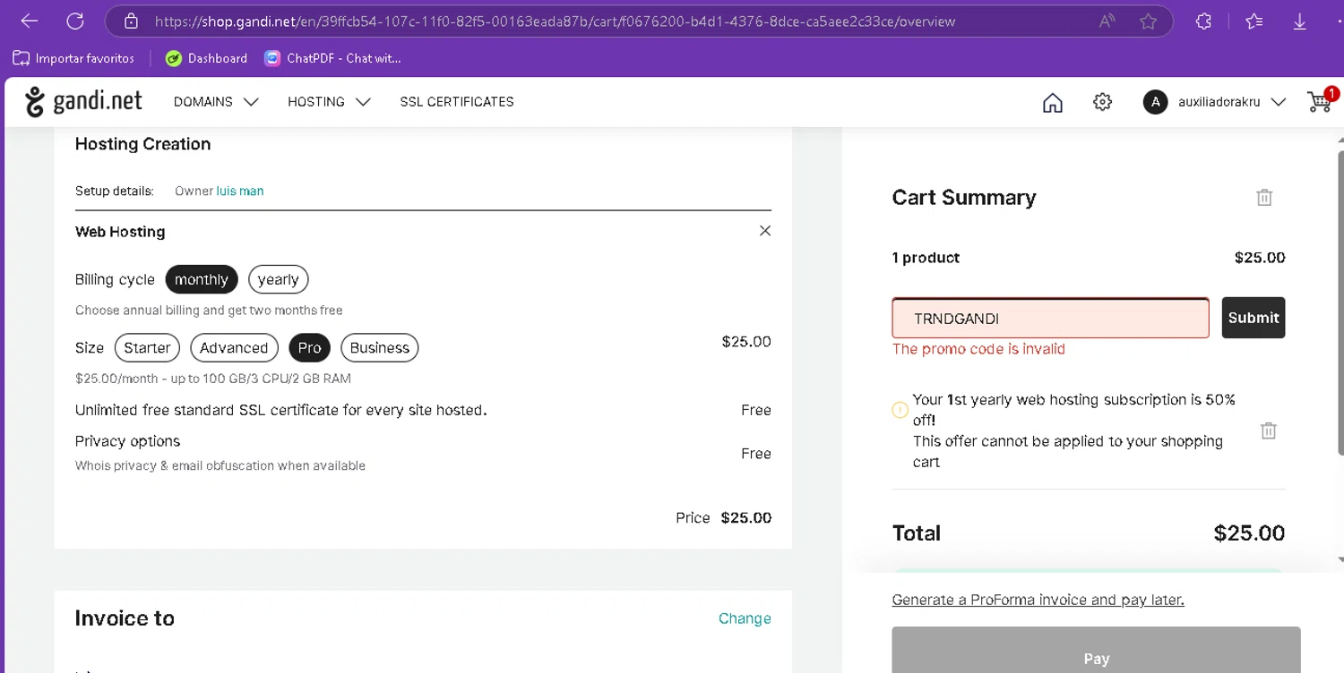 Gandi promo code screenshot showing code TRNDGANDI applied at Gandi checkout page. Uploaded by SimplyCodes community member FredoGodofredo on Apr 3, 2025
