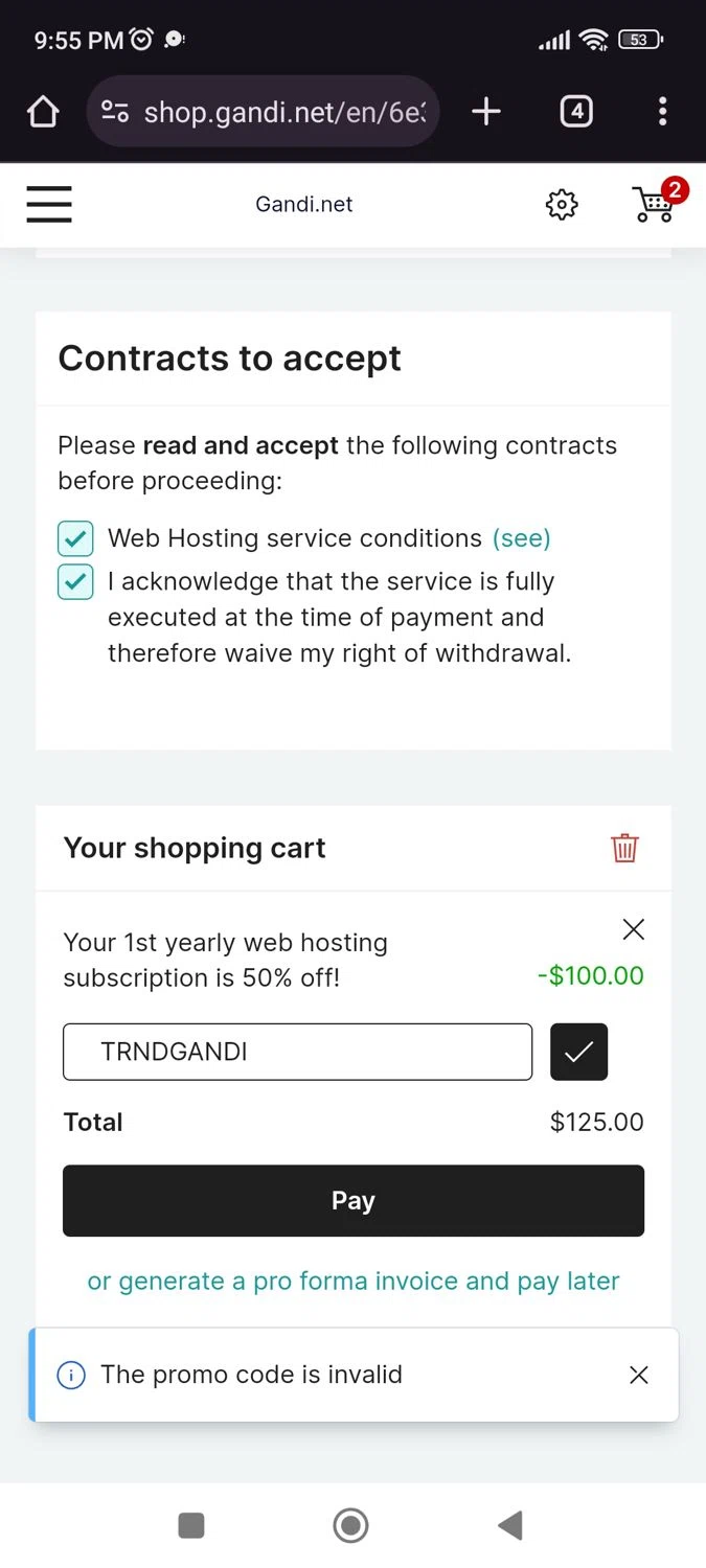 Gandi checkout page showing Gandi promo code box | Screenshot taken by SimplyCodes community member on Dec 3, 2024