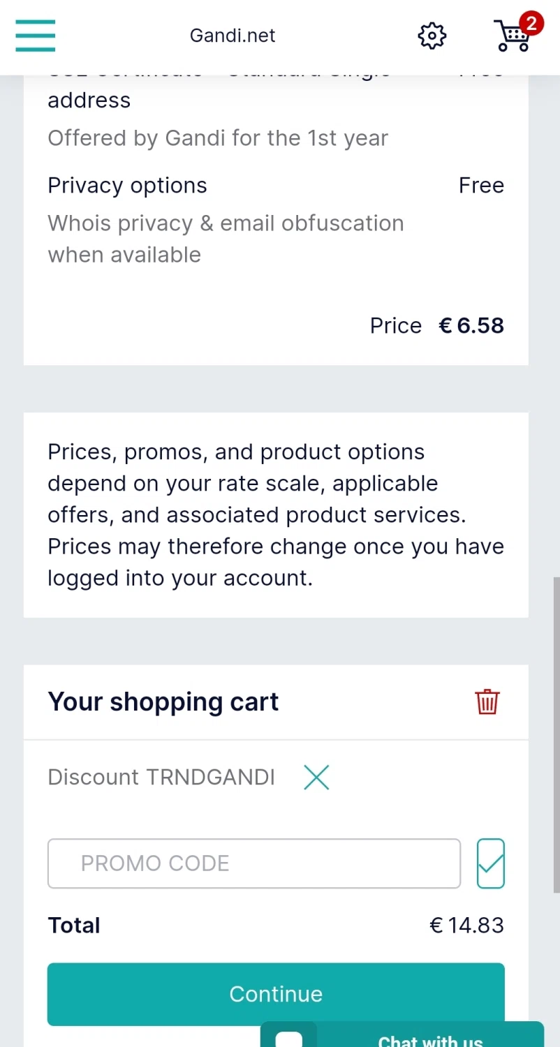 Gandi checkout page showing Gandi promo code box | Screenshot taken by SimplyCodes community member on Dec 3, 2022