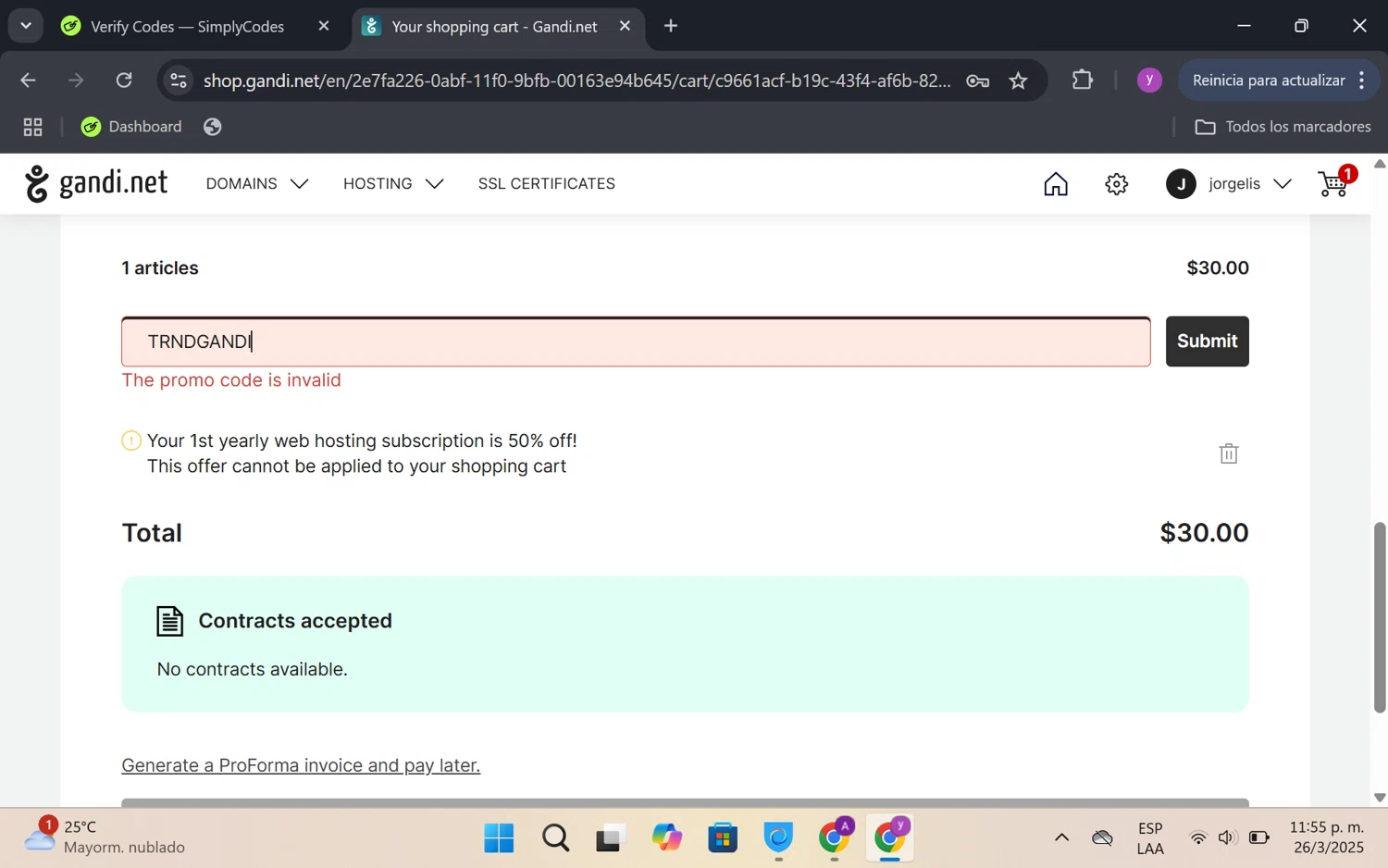 Gandi promo code screenshot showing code TRNDGANDI applied at Gandi checkout page. Uploaded by SimplyCodes community member FrugalKnight6753 on Mar 27, 2025